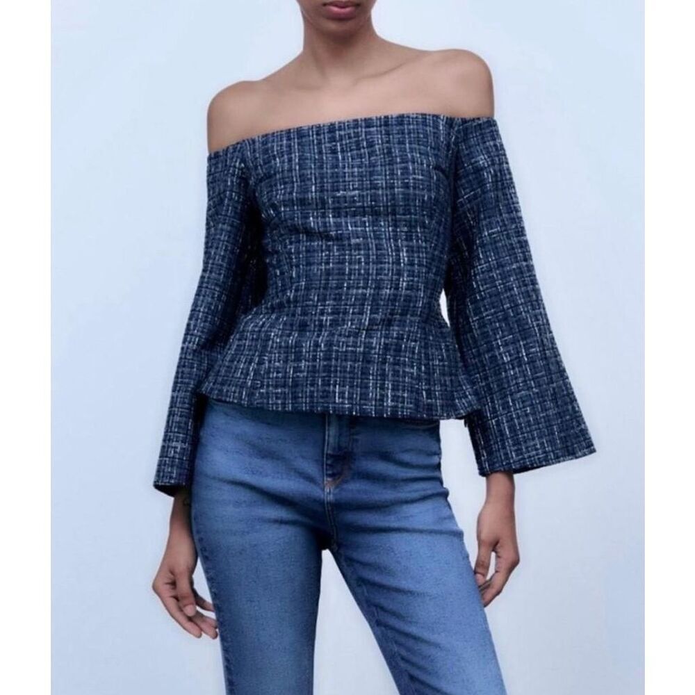 Zara Womens Tweed Off The Shoulder Square Neck Long Sleeve Top Blue Small NWT